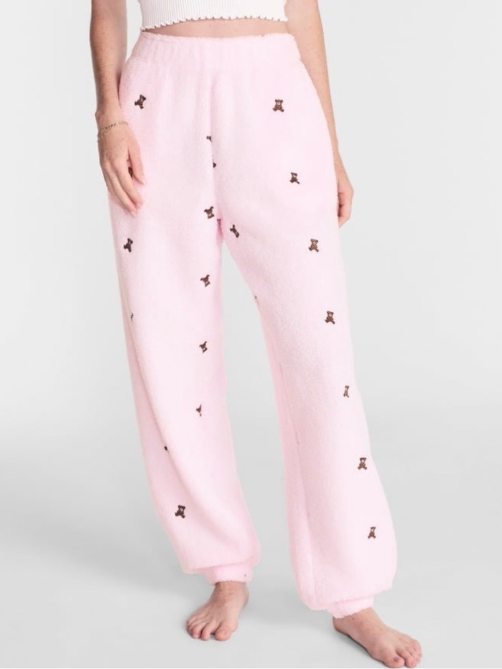 No Boundaries Pink Teddy-Print Fleece Joggers
